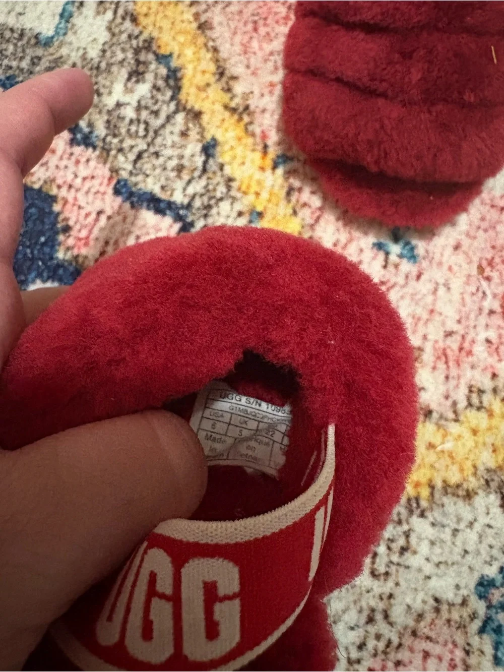 UGG Red Plush Fur Slide Sandals with Branded Strap
